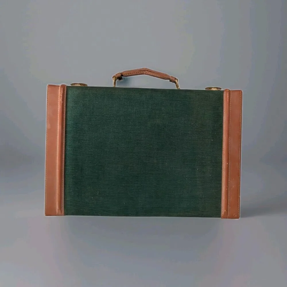 Vintage Corduroy Backgammon Set Briefcase Style Green Tan Board Game